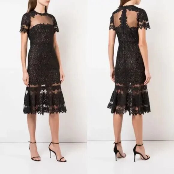 Womens Jonathan Simkhai Black Nude Fluted Guipure Lace and Tulle Midi Dress 4 - Picture 1 of 16
